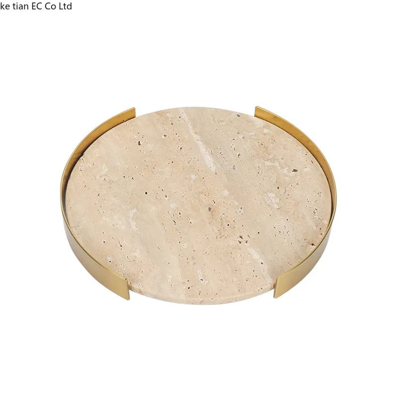 European modern light luxury natural marble round metal frame tray living room desktop storage Bathroom sink storage tray 5