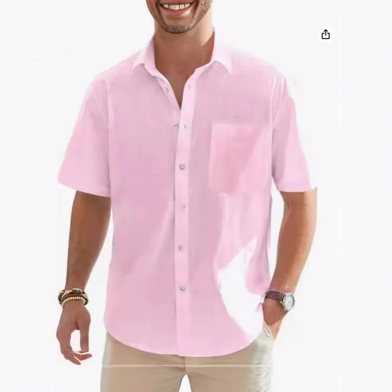 Men's Cotton Linen Short Sleeve Shirt Premium Casual Button-Down Shirt w/Pocket 2