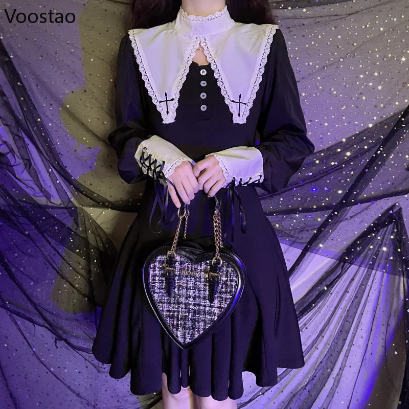 Gothic Lolita Y2k Dress Women Kawaii Long Sleeve Halloween E-girl