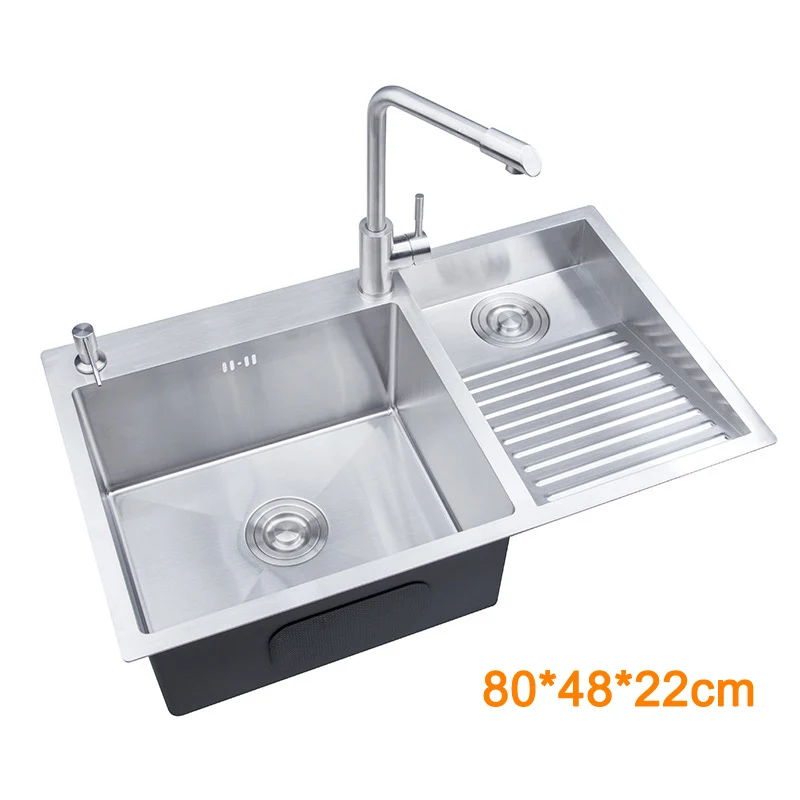 304 Stainless Steel Manual Kitchen Sink Single Bowl 80x48cm Above Counter / Undermount with Washboard & Dispenser