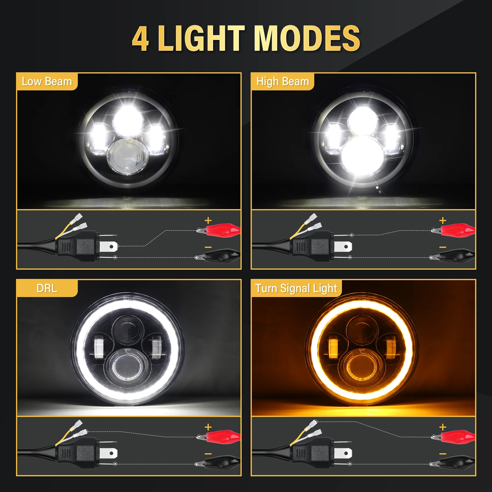 Auxtings 7인치 오토바이 LED 헤드라이트, 앰버/레드/블루/그린/RGB 헤일로 방향지시등 화이트 DRL (랭글러 JK TJ CJ LJ 헤드램프용)