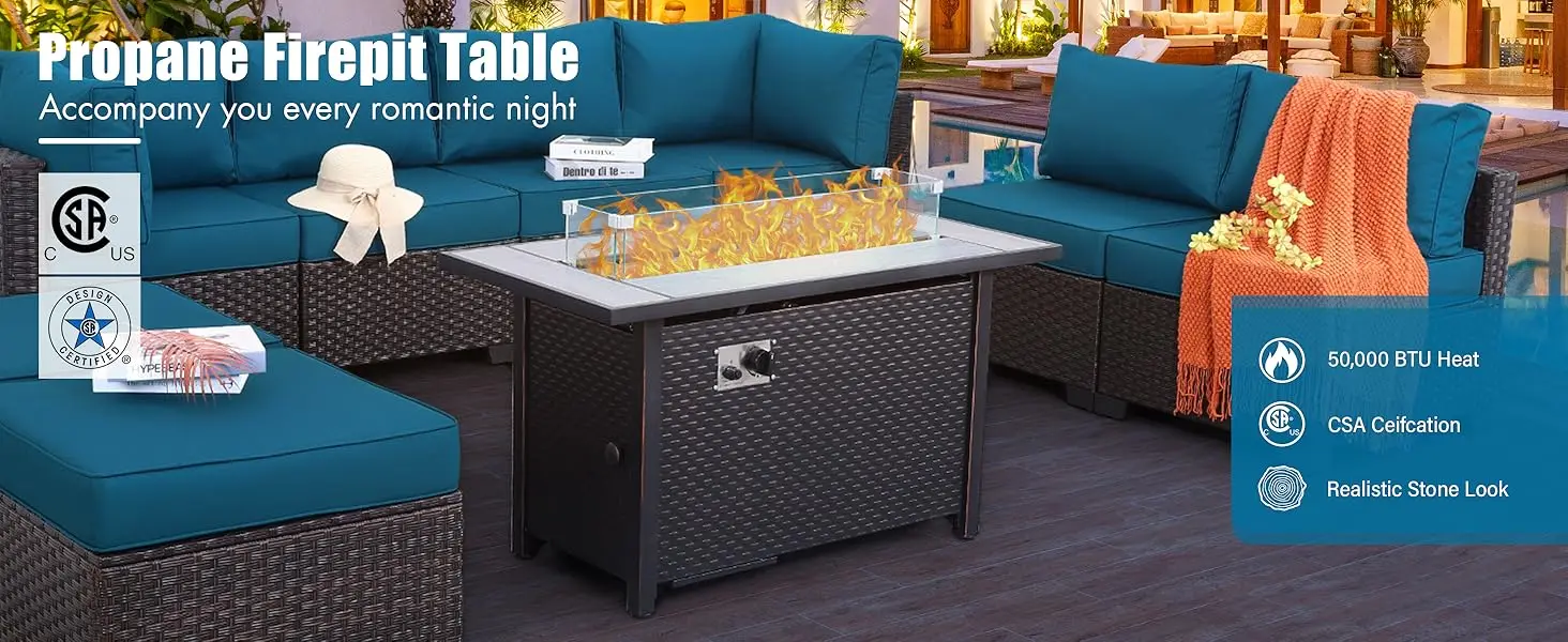 Description Picture 2 of item45 Inch Fire Table for Outside 60000 BTU Steel Gas Fire Pit Outdoor Fire Pit Table with Woodgrain Marble Tabletop Glass Wind