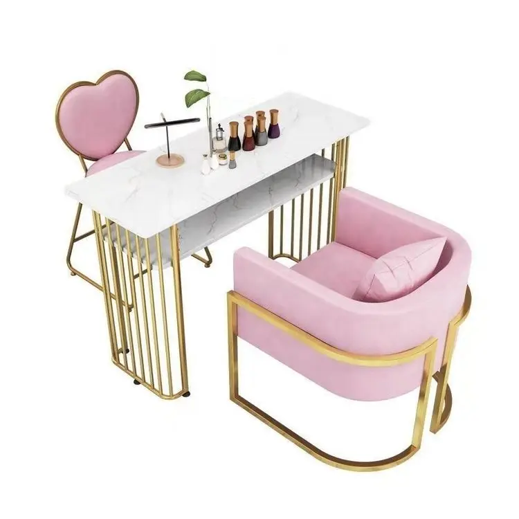 Fancy white desk equipment high salon furniture manicure stool dust collector bar led light and chair set for triple nail table