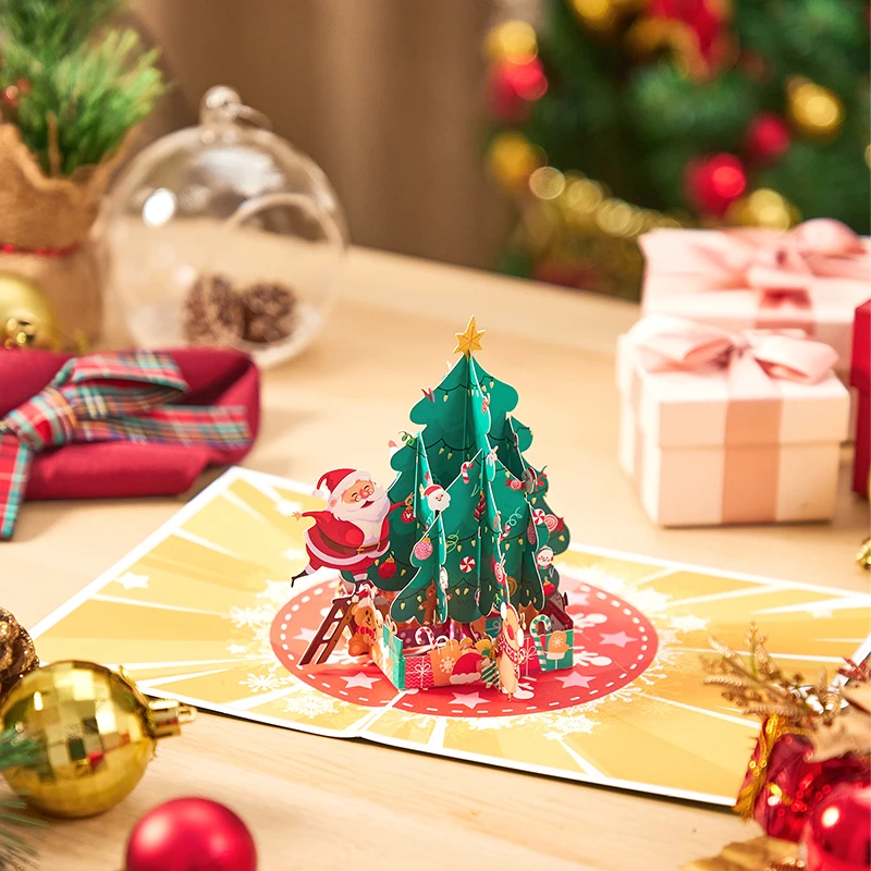 Biglietto Di Natale 3D Pop-Up Con Busta - Tema Babbo Natale, Alce, Pupazzo Di Neve E Albero - 3
