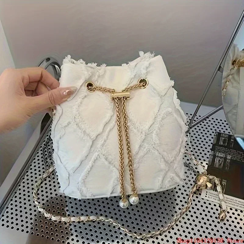 Denim Style Bucket Bag Large Capacity Polyester Lining Drawstring Closure 1pc denim bucket bag