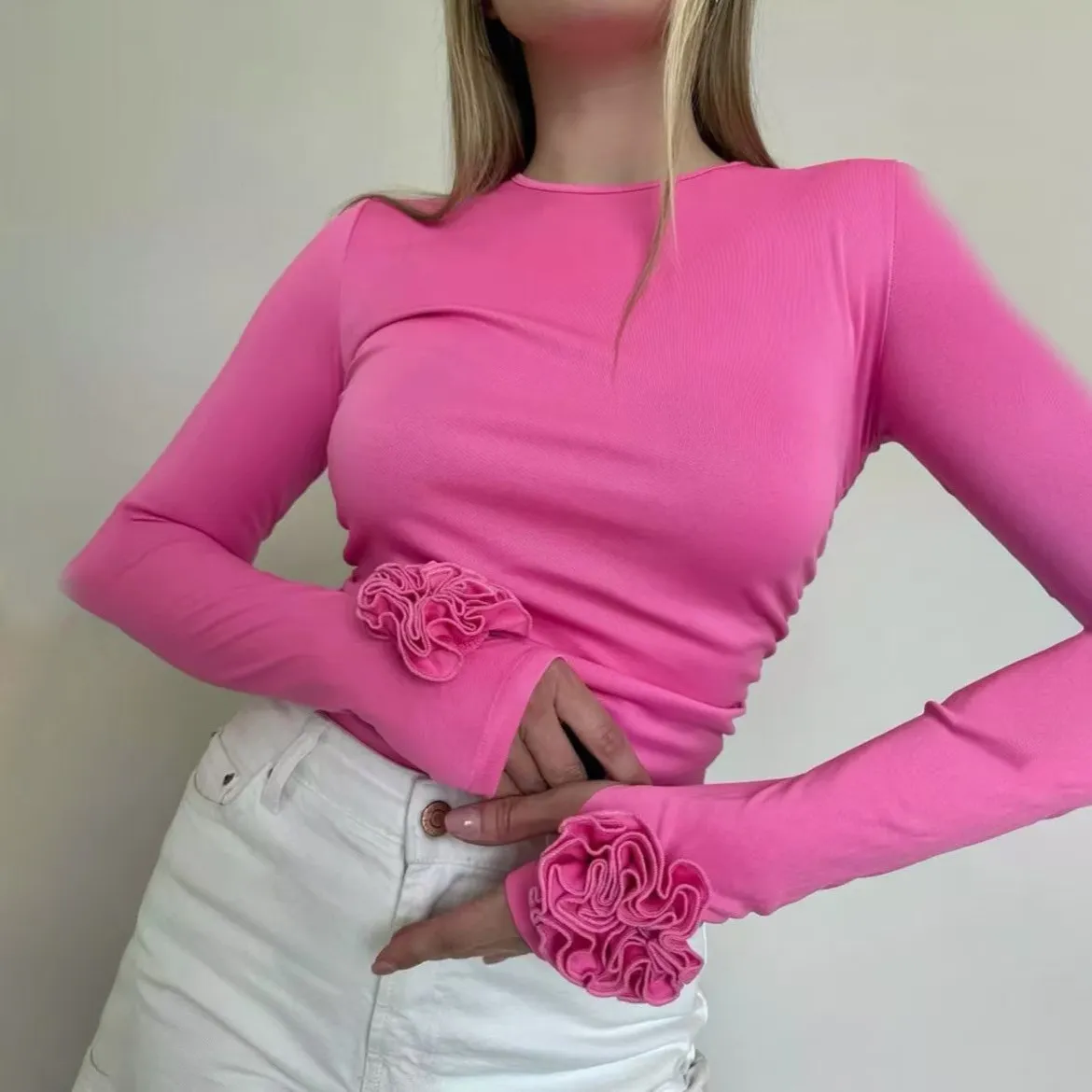 Faionable 3D Flower Long Sve T-irt Women's Slim Fit round Ne Top Commute Sle Pure Color Summer Faion T-irt