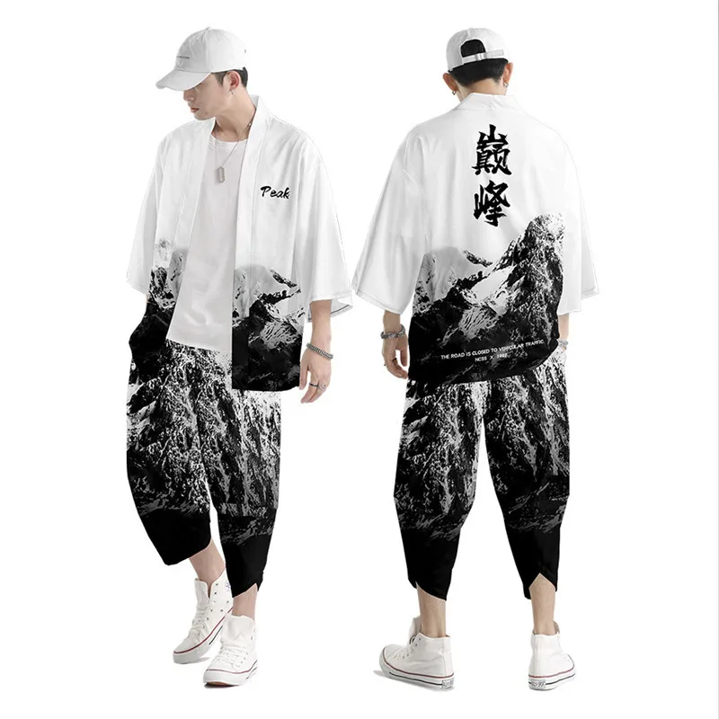 Japanese Kimono Cardigan Pants Set Print Dragon Men Women Shirt Yukata Haori Obi Cosplay Costume 5XL 6XL