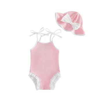 1-4T Toddler Girl Cami Romper Swimsuit Sleeveless Ruffle Trim Swimwear with Hat for Beach Pool 1