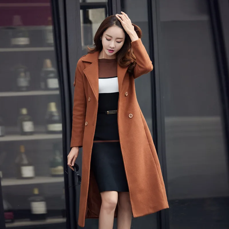 Women Elegant Lapel Woolen Coat Female Fashion Pure Color Winter Thicken Warm Wool Outwear Long Below The Knee Casual Outcoat