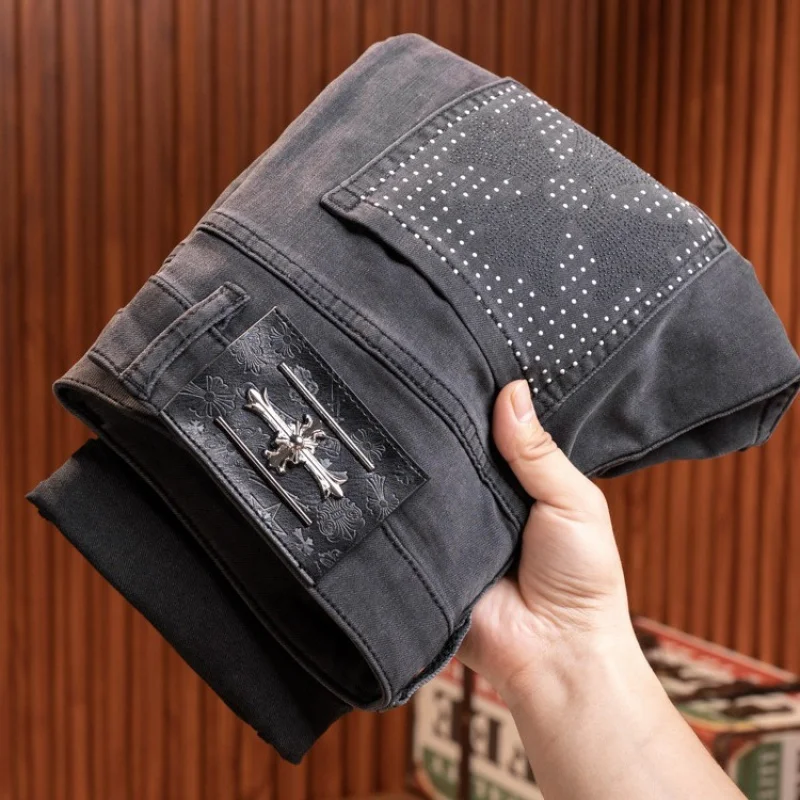 2024 new high-end printed jeans men's casual street trend fashion stretch slim-fitting small straight pants