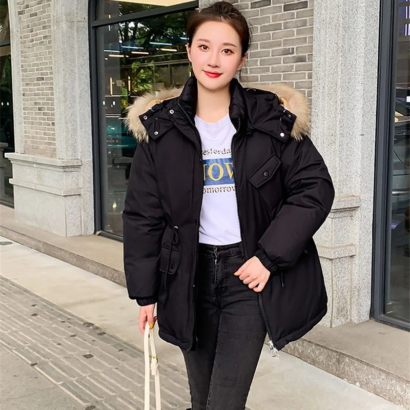 2024 Safari Style Parker Coat Women Winter Outdoor Cotton-padded Jacket High Quality Fur Collar Hooded Outerwear Loose Overcoat