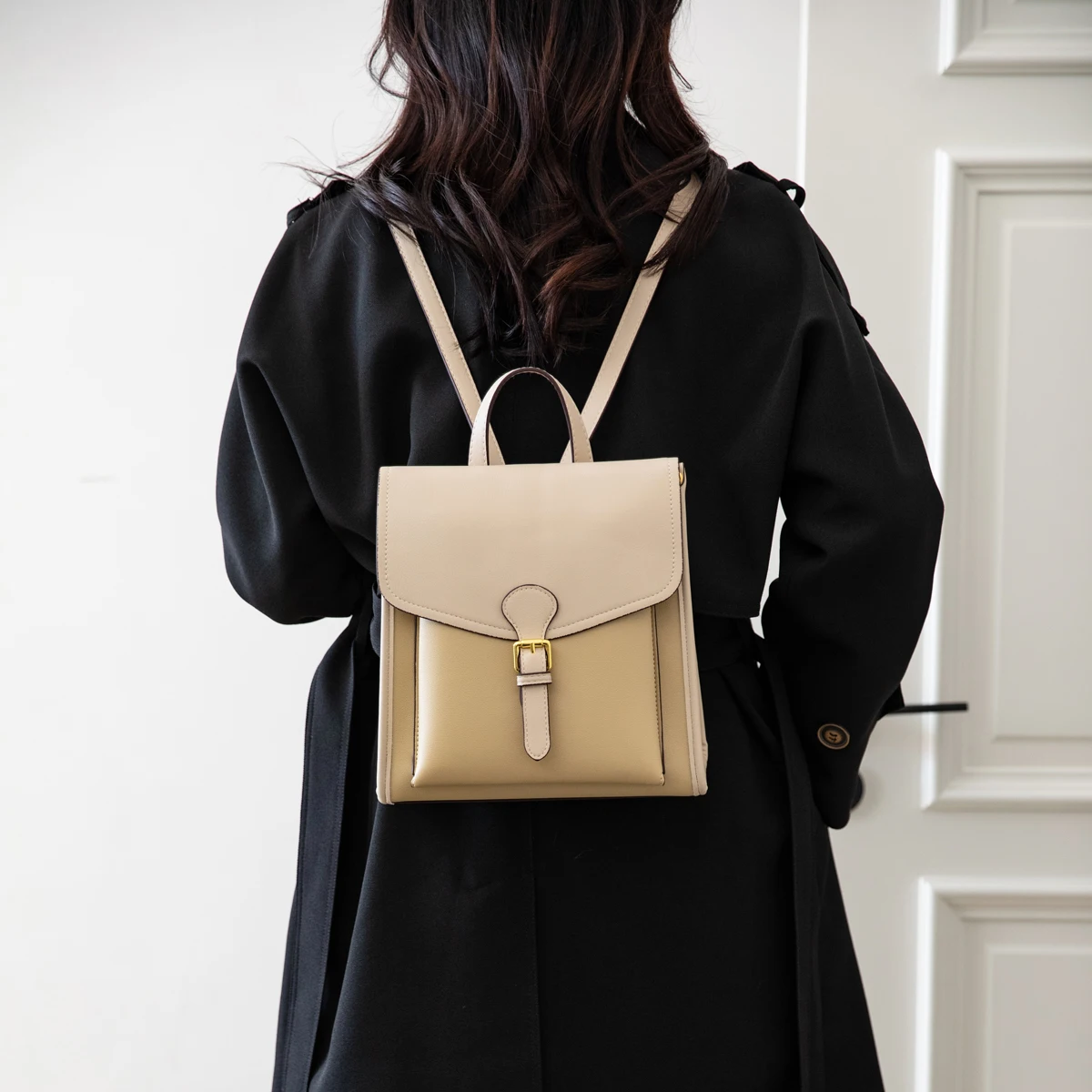 Women's Stylish Two - tone Leather Backpack with Gold tone Buckle Detail Ideal for Daily and Fashionable Looks - 4