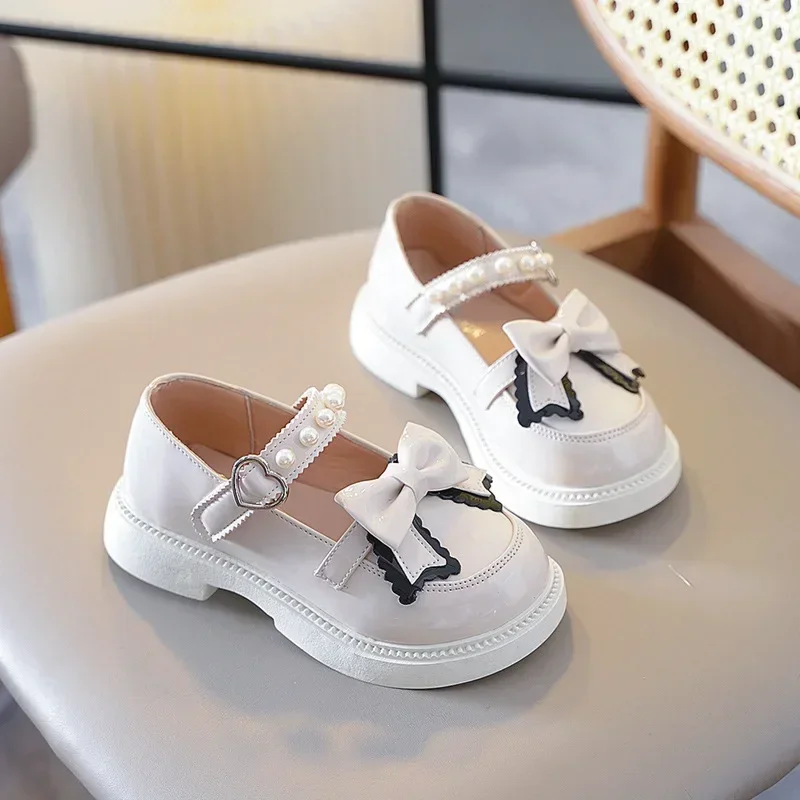 Girls Princess Leather Shoes Spring Autumn Black Children's Flats Fashion Sweet Kids Bowknot Mary Jane Shoes Glossy Thick Bottom