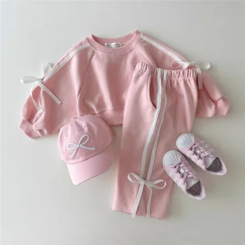 2024 primavera nuovi set di abbigliamento per bambini bambini abiti a maniche lunghe neonate felpa con fiocco + pantaloni 2 pezzi abiti versatili per bambini