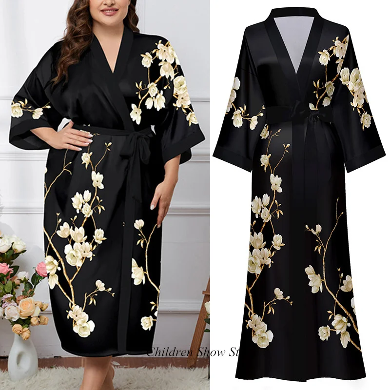 

New Spring Summer Kimono Gown Women Plus Size Bathrobe Print Flower Robes Long Nightgown Satin Sleepwear Intimate Lingerie