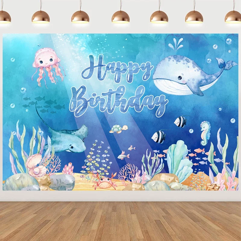 Description Picture 4 of itemUnder The Sea Theme Photography Backdrop Summer Ocean Underwater Background Aquarium Whale Octopus Birthday Party Decoration