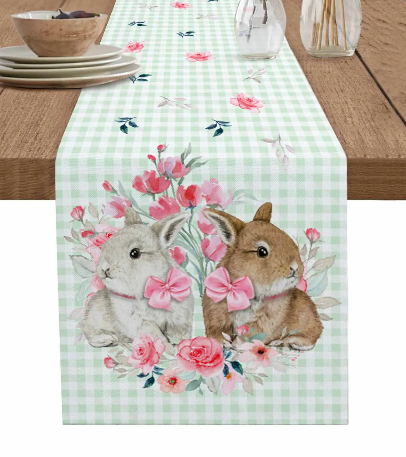 

Vintage Rabbit Easter Flower Plaid Table Runner Decoration Home Decor Dinner Table Decoration Table Decor