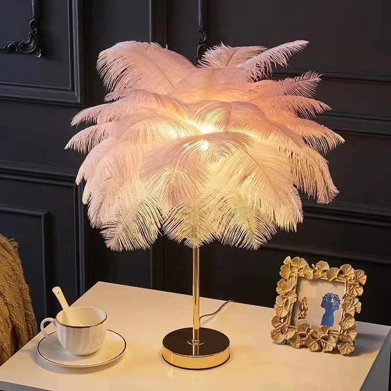Modern nordic feather tree lamp ostrich feather table pink white bedside lamps romantic table lamp wedding