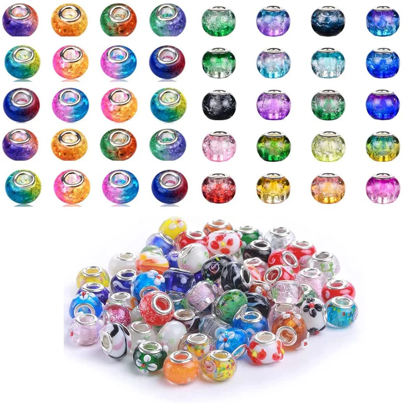 

10Pcs Assorted Color Lampwork Glass European Beads Large Hole Spacer Beads Charms Fit Pandora Bracelet Snake Chain Bangle Crafts