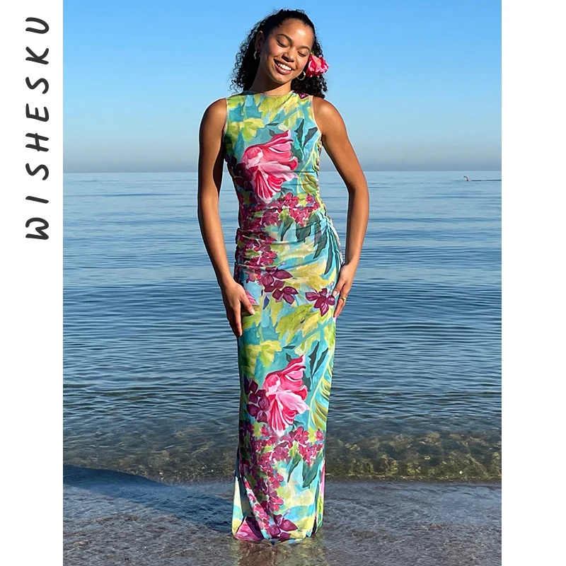 

Сексуальное облегающее платье макси без рукавов с цветочным принтом, женское платье с открытой спиной и разрезом, модель 2024 года, летняя пляжная одежда в стиле бохо Y2K