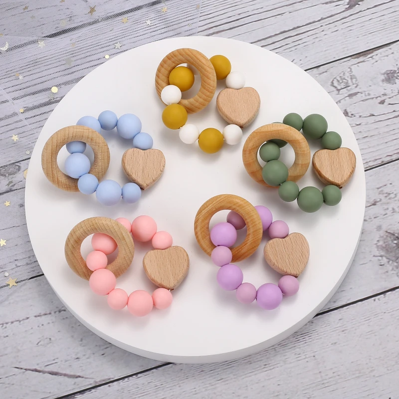 Baby Beech Wood Heart Bead Pacifier Clip Cartoon Koala Silicone Beads Pacifier Chain Bracelet Rattle Nursing Teething Toys