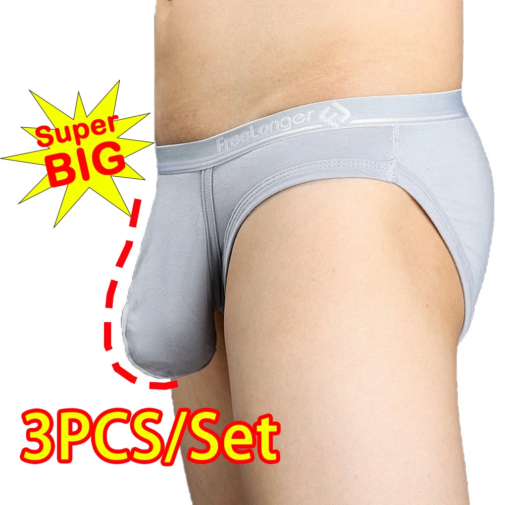 3PCS Man Ultra-Low Briefs with Super Plus Big Penis Pouch Elastic Sexy Lingerie Modal Long Cock Gay U-convex Boxer Erotic Pants