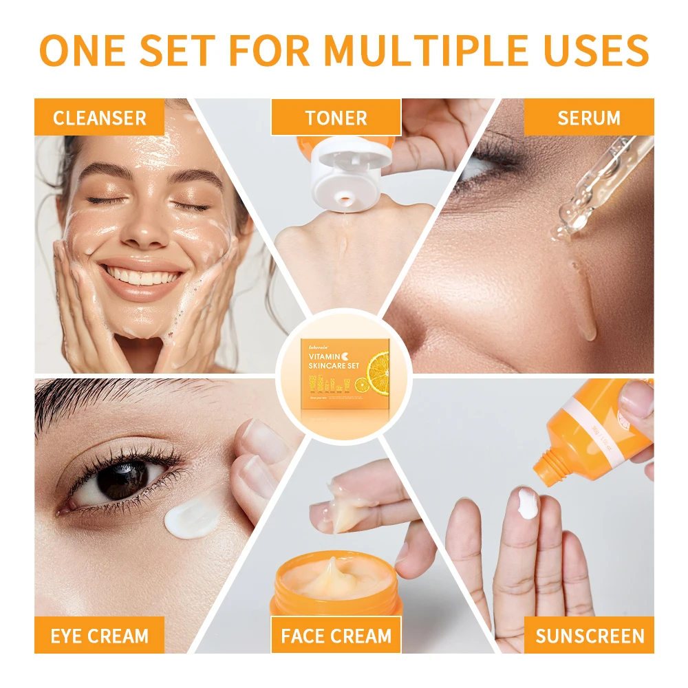 Skin Care Set Vitamin C Skincare Set 6-piece Set Including Toner Serum Eye Cream Face Cream Sunscreen Cleanser Deep Moisturizing Skin