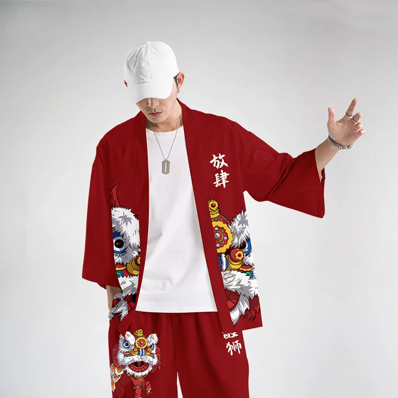 Chinese Dragon Lion Dance Print Shirt Clothing Traditional Haori Cosplay Kimono Women Men Japanese Streetwear Cardigan Yukata