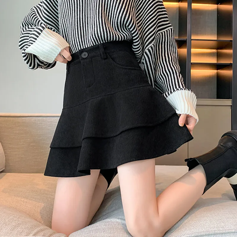 

Double-layer ruffled skirt autumn and winter New high waist slimming Short skirt cover cross-body Anti-exposure umbrella skirt