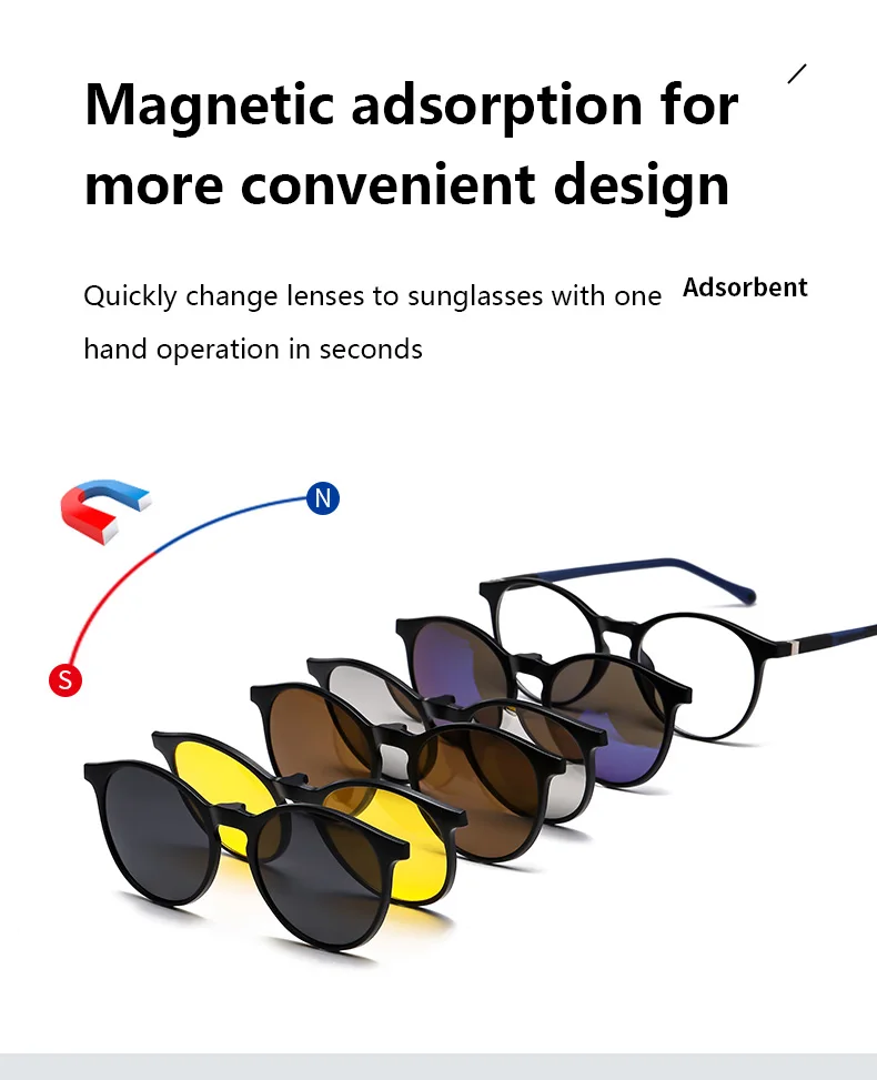 6-in-1-Brille, transparenter runder Rahmen mit 5 Stück Clip-on-polarisierten Sonnenbrillen, magnetische Brillen, männlicher Computer, optisch 3305 – Detail 3