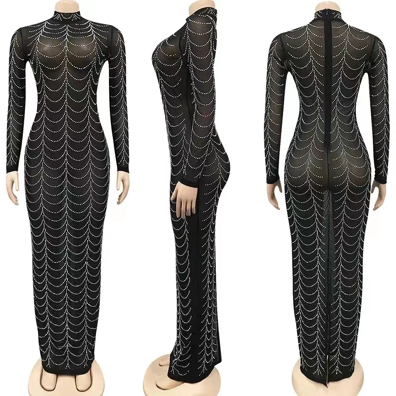 

Sparkly Crystal Rhinestone Bodycon Maxi DressWomen Wedding Evening Long Sleeve Mesh SeeThrough Night Party Birthday Dress A208