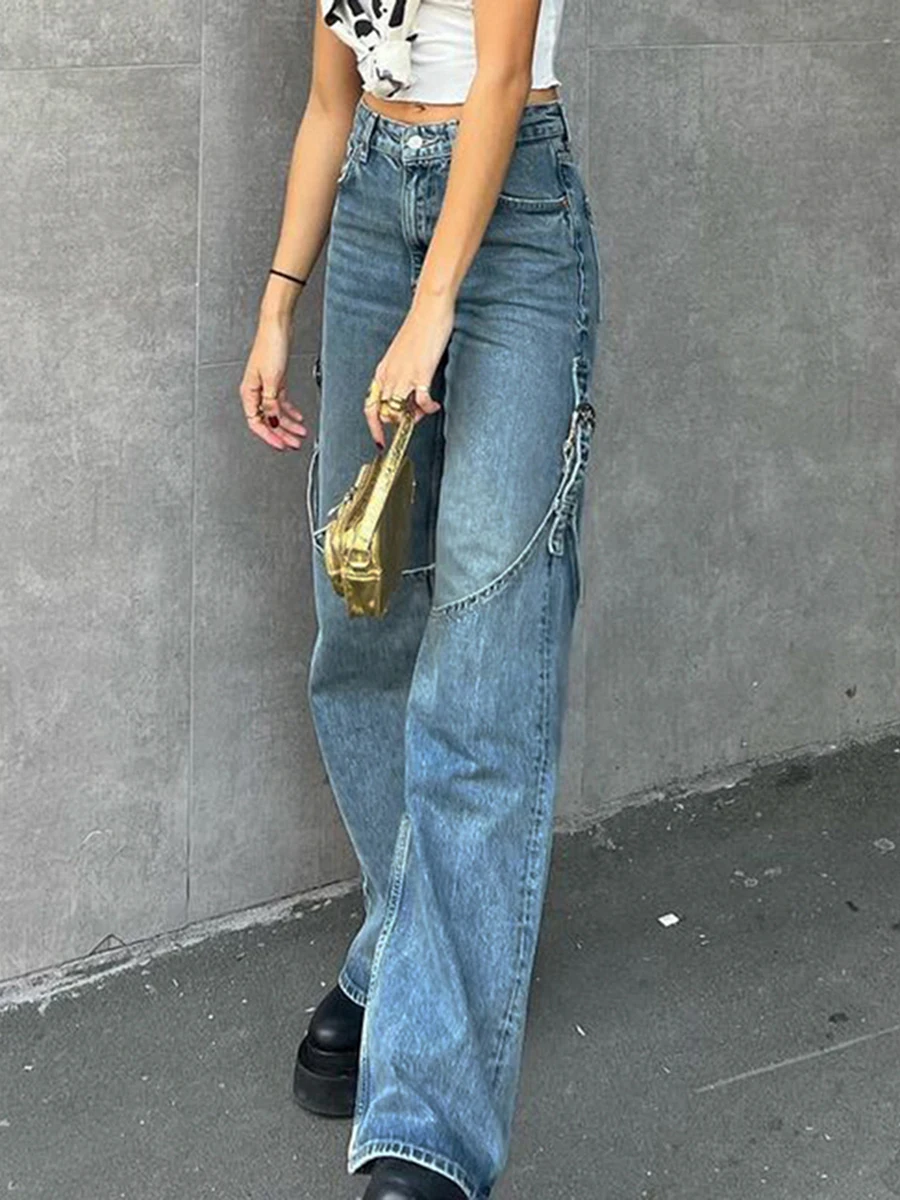 

2023 Women's Blue Paneled Lace Vintage Wide Leg Jeans Fashion Mid Rise Loose Paneled Strap Jeans Streetwear