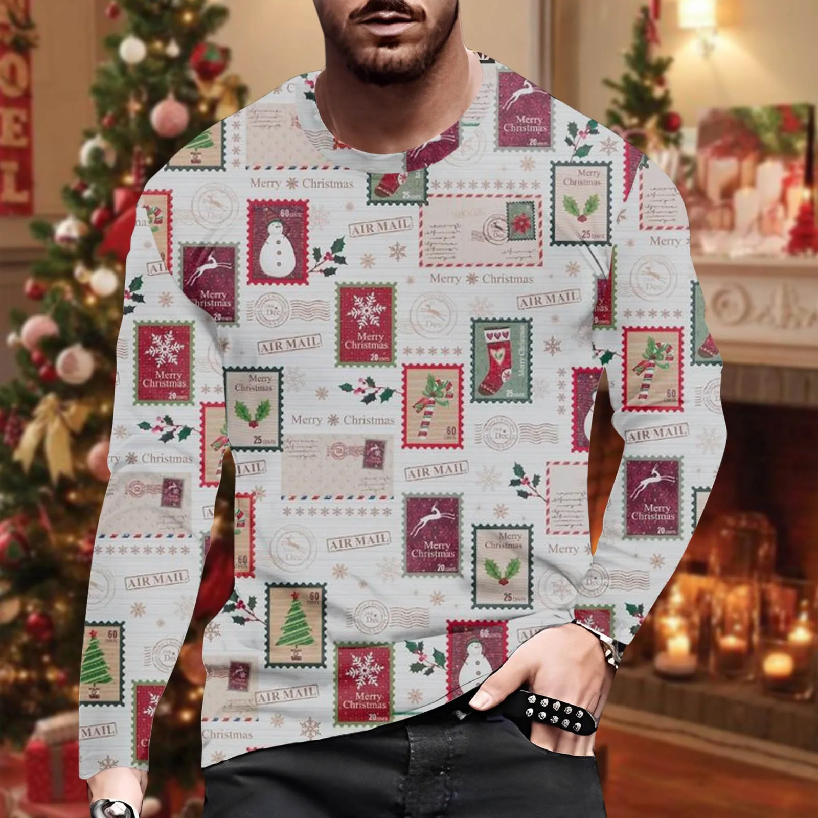 

Christmas Print Oversized T Shirt Men Long Sleeved Round Neck Loose Tee Shirt Loose Pollover Xmas Party T-Shirt Undershirts Male