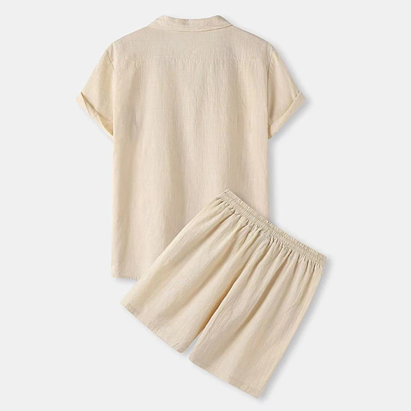Summer Men's Casual Short-sleeved Shorts Suit Solid Color Lapel Button Pocket Shirt+elastic Drawstring Shorts Sports Suit 5