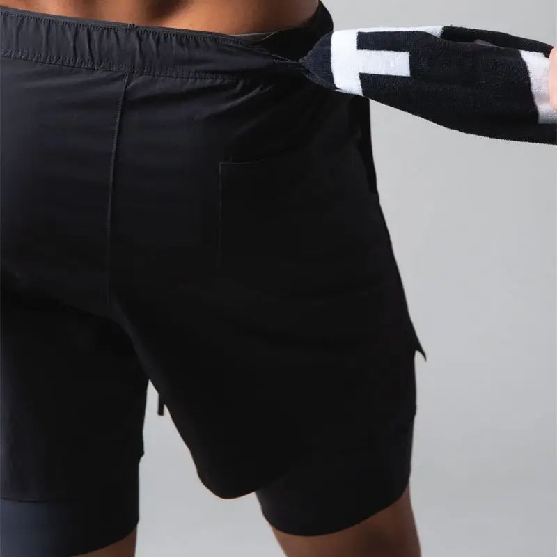 Zip pocket 2 in 11 double layered men's shorts with built-in pocket sports pentagram pants jogger fitness fashion shorts