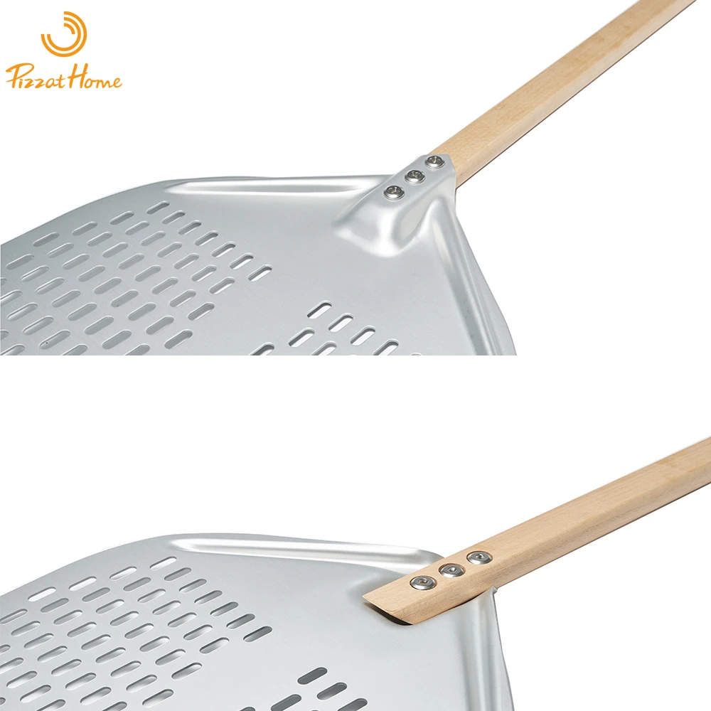 Pizzathome Anodized Pizza Peel Perforated Pizza Turning Peel with Wood Handle Shovel or Anodized Short Spatulas