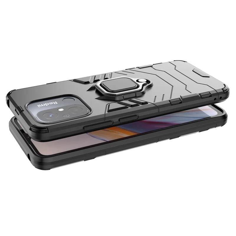 Rugged Shockproof Armor Phone Case with Magnetic Ring Holder and Back Cover in Black
