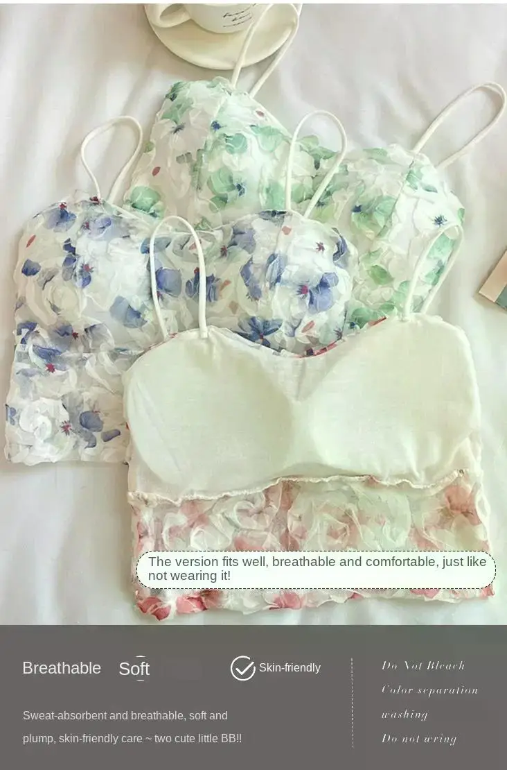 Description Picture 5 of itemLace Crop Top Women Rose Floral Bra Mesh Tube Top Beauty Back Bra Seamless Cami with Chest Pads Sexy Tank Top Sweet Lingerie