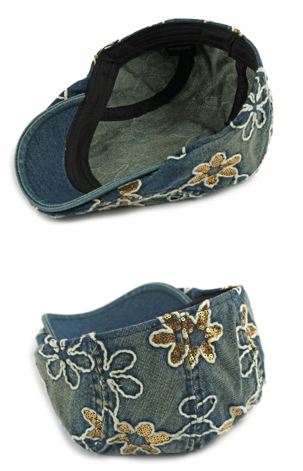 HT5070 Herren- und Damen-Baskenmützen Vintage Künstler-Malermütze Unisex Baumwoll-Ivy-Kappe Stilvolle Pailletten-Blumen Denim-Baskenmütze – Detail 11