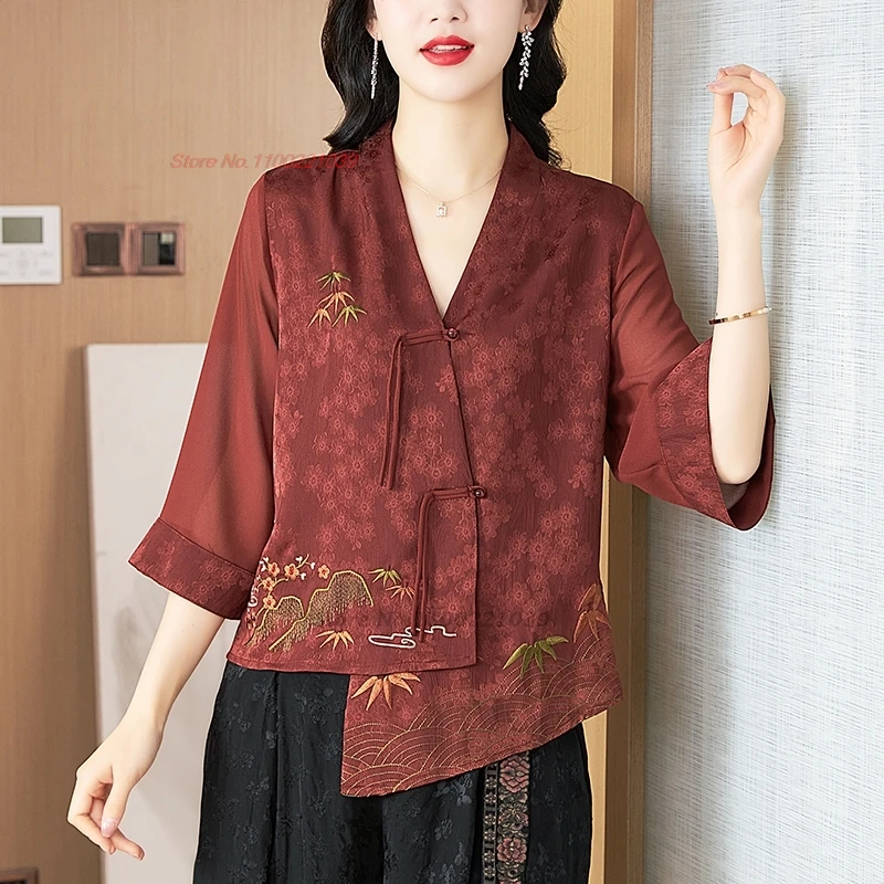 

2024 chinese ethnic blouse national flower embroidery v-neck satin blouse improved hanfu tops oriental traditional tang suit