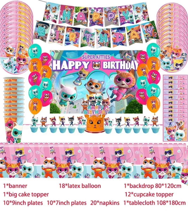Description Picture 2 of itemCartoon Superkitties Birthday Party Decoration Super Kitties Tableware Balloon Cake Topper Party Supplies Baby Shower