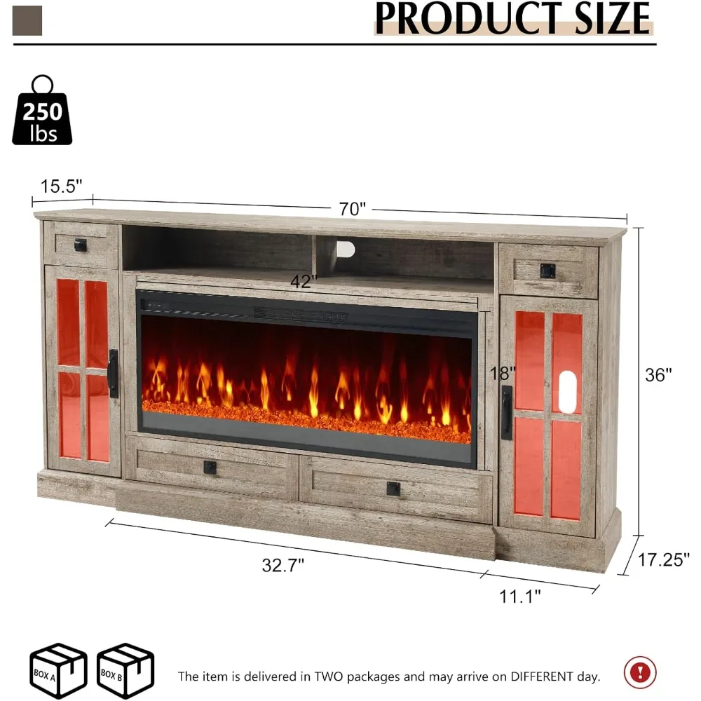 70'' Fireplace TV Stand with 42" Fireplace, Farmhouse Entertainment Center with LED Lights for TVs Up To 80'', TV Console Table 2