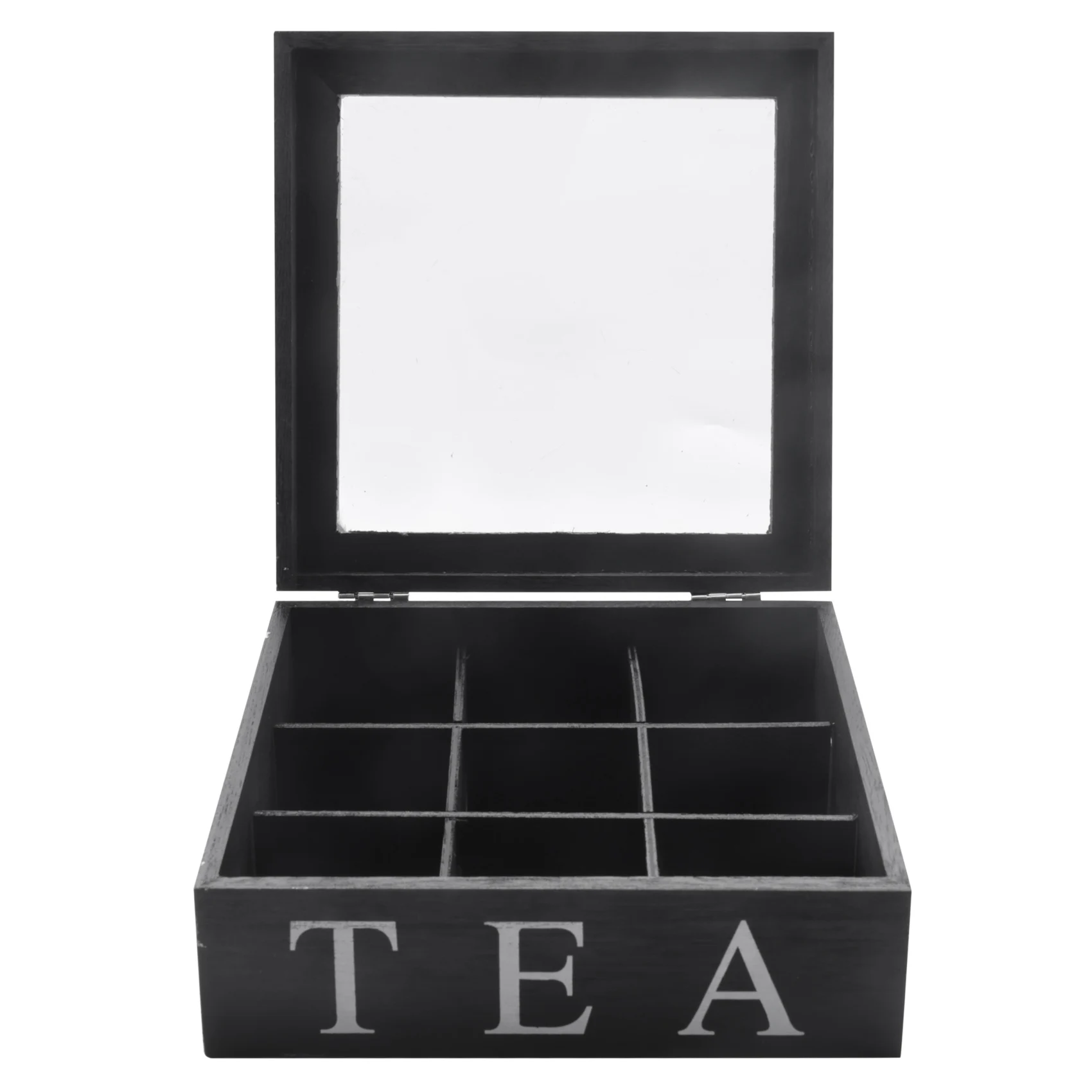 Wooden 9 Grids Tea Box Tea Bags Container Storage Box Square Gift Box Case Transparent Top Lid Jewelry Storage Box-Black