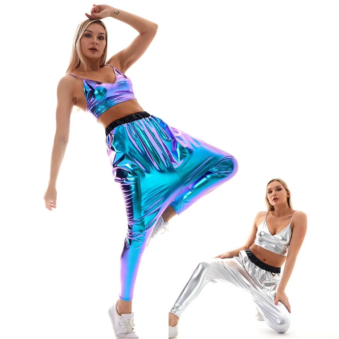 

Women Leisure Reflective Long Pants with Pockets High Waist Loose Holographic Patchwork Trousers Club Dance Jogger Clubwear