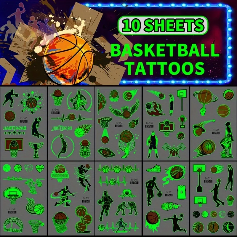 10Zhang Luminous Glow Basketball Temporary Tattoo Sticker,Waterproof Basketball Facial Tattoo,Birthday Party Game Gift
