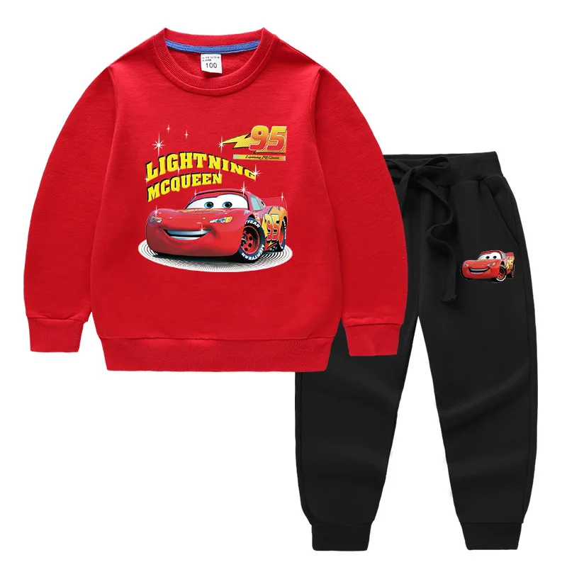 Potdemiel Children's Sets Spring and Autumn Lightning McQueen Printed Clothes Boys Cotton Kids Sweatshirts + Trousers Suits