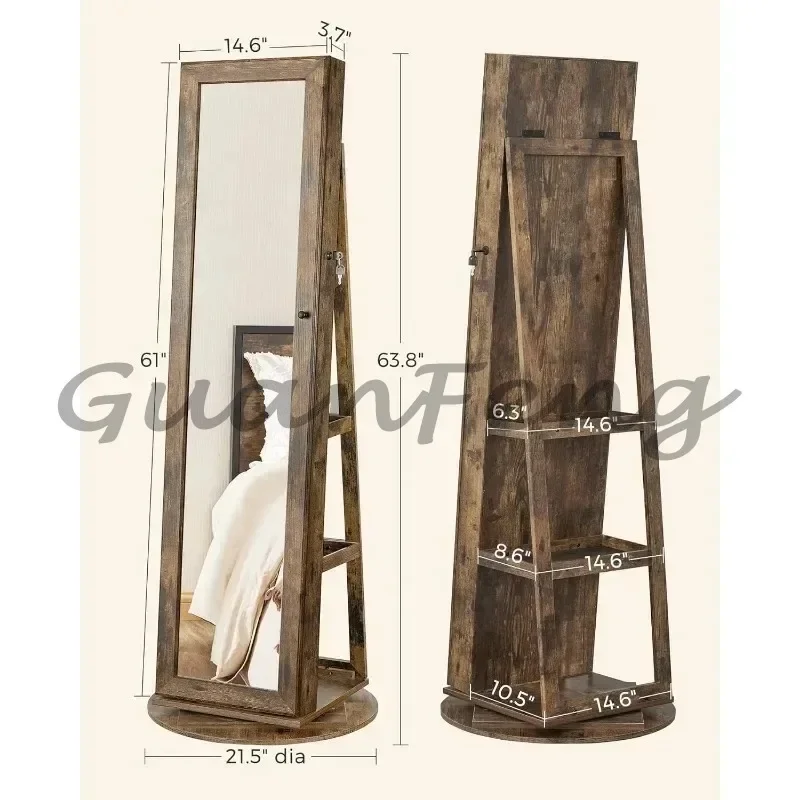 360° Swivel Jewelry Cabinet, Lockable Jewelry Organizer with Full-Length Mirror, Rear Storage Shelves, Jewelry Armoire 6