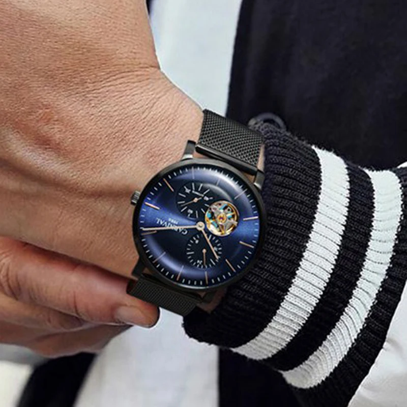 CARNIVAL Top Brand Luxury Hollow Automatic Mechanical Watch Men Stainless Steel Mesh Belt Waterproof Watches reloj hombre
