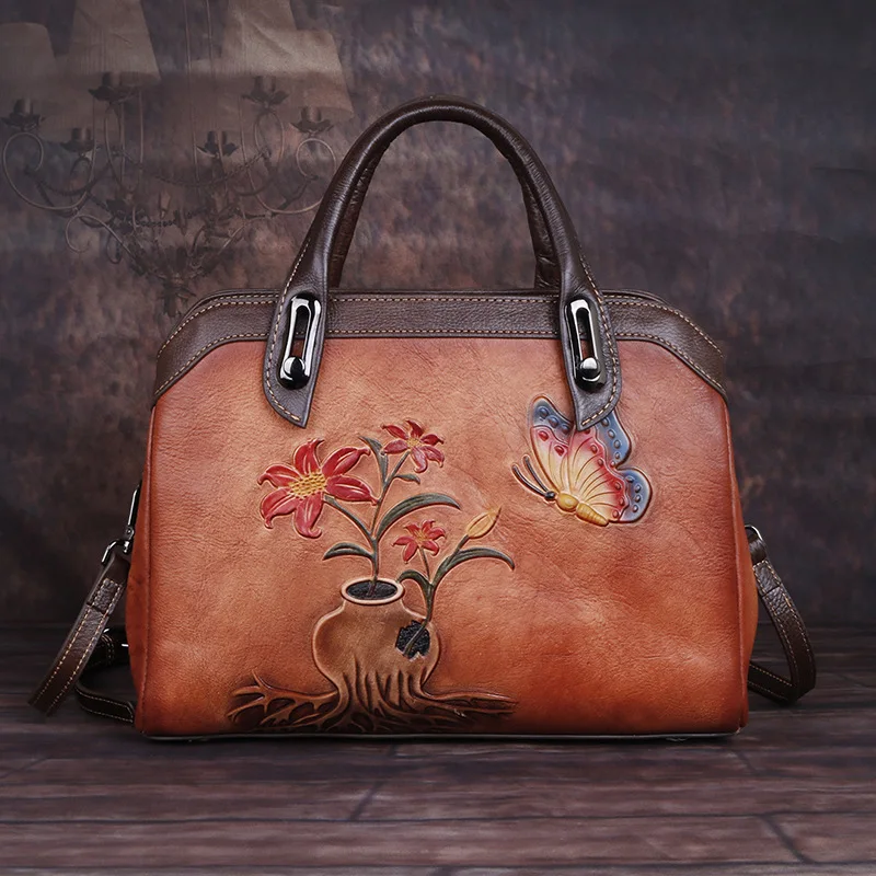 

New Top Layer Cowhide Leather Single-Shoulder Bag Chinese Style Retro Floral Handbag Brush Color Women's Corssbody Bag