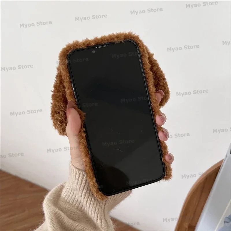3D Teddy Dog Cartoon Phone Case with Cute Rabbit Fur Cover
